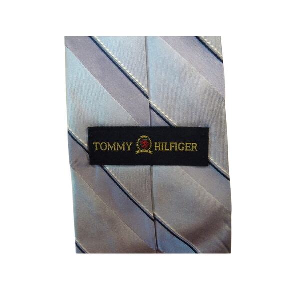 Tommy Hilfiger Tie 100% Silk Blue Purple Black Stripe Necktie Classic Event - Picture 3 of 3